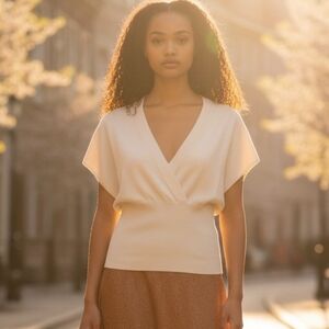 TSE Pure Ivory Cashmere Surplice Dolman Sleeve Ribbed Empire Waist Sweater Top L